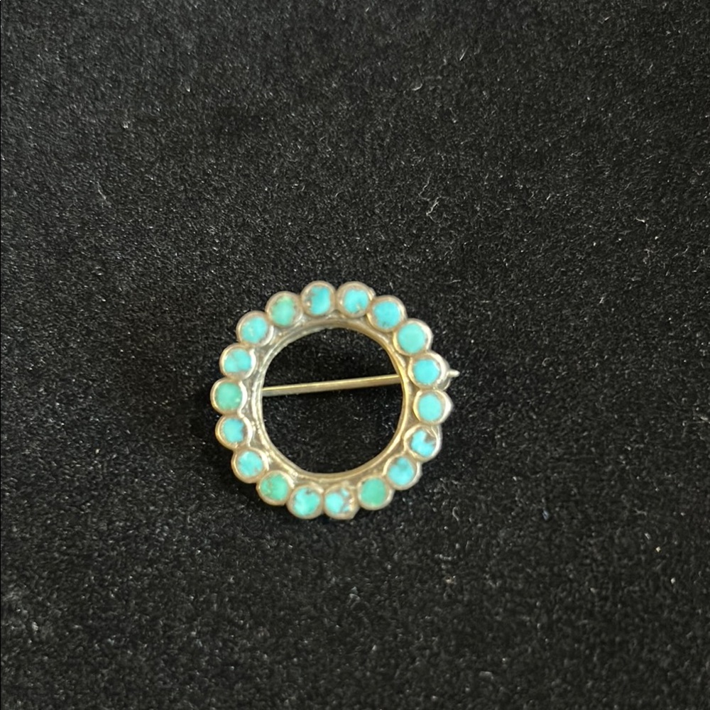 Native American vintage flat inlay sterling silver/turquoise brooch
